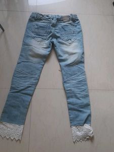 Distressed Jeans with Pearl &amp; Lace Detail