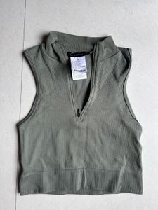 Ribbed Zip Neck Sleeveless Crop Top