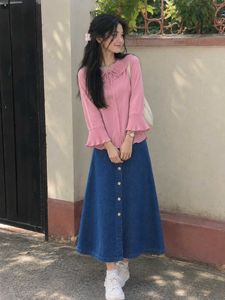 combo🔥Pink Ruffle Collar Top & Denim Skirt Set