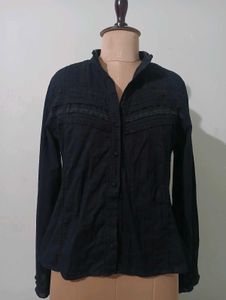 Vintage Chic Black Long Sleeve Ruffled Blouse