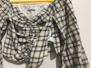 Zara Plaid Long Sleeve Crop Top