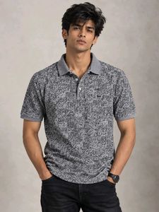 Stylish Grey Printed Polo T-Shirt