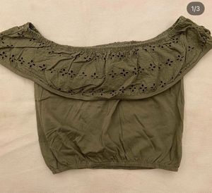 Olive Green Off-Shoulder Eyelet Top