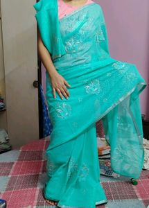 Elegant Turquoise Embroidered Saree