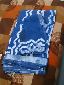 Blue & White Batik Print Saree with Blouse