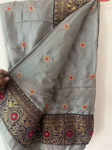 Elegant Grey Embroidered Saree