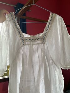 White Cotton Kurta with Embellished Neckline
