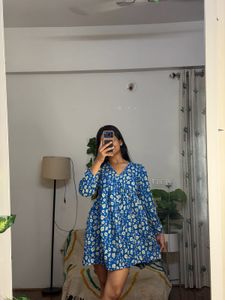 Blue Floral Print Mini Dress