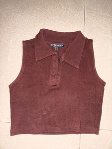 Chic Collared Sleeveless Brown Top