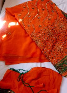 Orange Embellished Saree with Blouse
