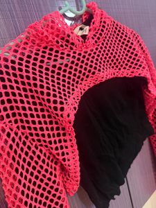 Pink Fishnet Cropped Hoodie.