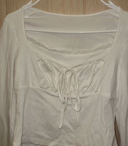 White Long Sleeve Lace Trim Tie-Front Top