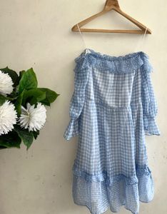 Blue Gingham Off-Shoulder Dress from AND