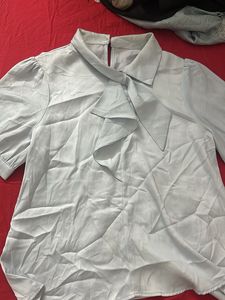 Elegant Light Blue Bow Blouse