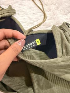 Olive Green Ribbed Crop Top with Rose Detail