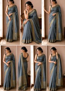 Elegant Grey Saree with Golden Motifs