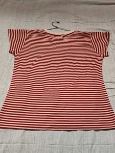 Red &amp; White Striped V-Neck Top