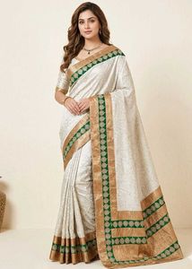 Grand Cream Saree with Green-Golden border