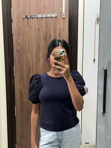 Navy Blue Puff Sleeve Top