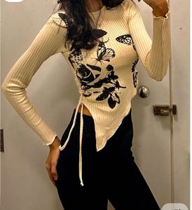 Ribbed Butterfly Print Asymmetrical Top
