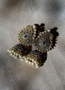 Elegant Pearl & Blue Stone Jhumka Earrings