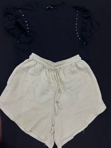 Black Embellished Top & Cream Shorts Set