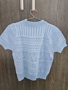 Blue Knit Mock Neck Top