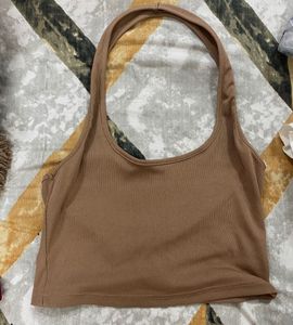 Brown Ribbed Halter Neck Crop Top