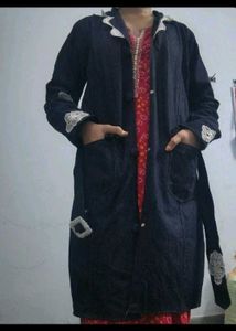 Denim Trench Coat with Lace Trim