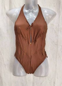 Brown Halter Neck One-Piece Swimsuit