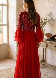 Red Sequin Sleeve Maxi Dress