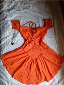Orange Off-Shoulder Lace-Up Mini Dress