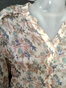 Sheer Floral Print Button-Up Blouse