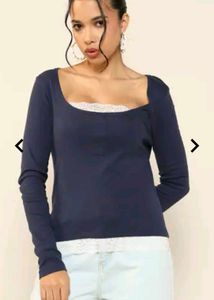 Navy Blue Lace Trim Long Sleeve Top