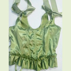 Mint Satin Y2k Lace-Up Corset Top