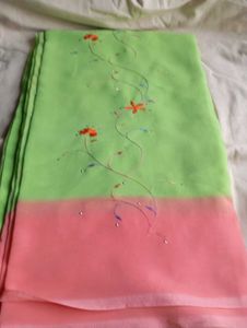 used Vibrant Green &amp; Peach Ombre Saree