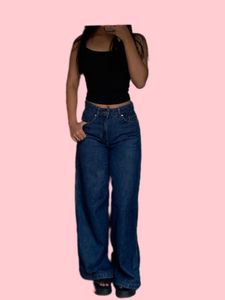 MANGO High Waisted Wide Leg Blue Jeans