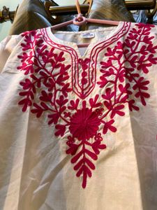 White Kurta with Pink Embroidery