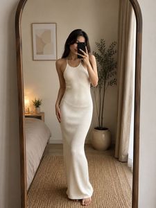 Cream Ribbed Knit Maxi Dress fully stretchable fit