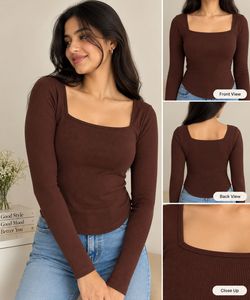 Brown Square Neck Long Sleeve Top