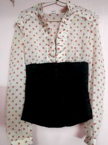 Polka Dot Corset Cinched Waist Blouse Top