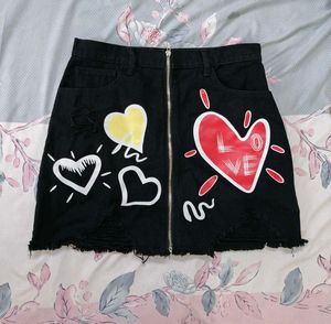 Black Denim Skirt with Heart Prints