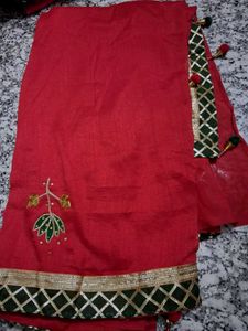 Vibrant Red Saree with Embellished Border