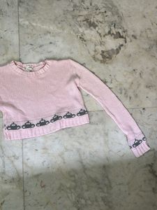 Pink Cropped Sweater with Cute Pattern