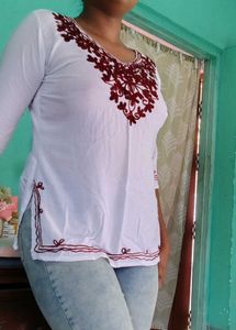 White Kurta with Maroon Embroidery