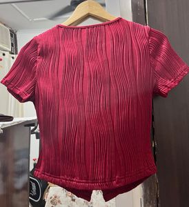 Red Textured Bow Button Top