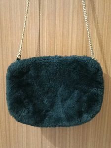 Black Faux Fur Sling Bag with Gold Chain