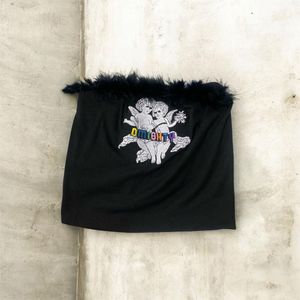 Black Fur Trimmed Graphic Tube Top