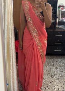 Y2K Beautiful Coral Saree with Embellishments