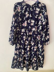 Women Navy Blue Printed Puff Sleeve Flare Dress